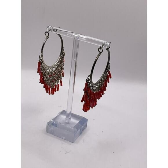 Vintage-Inspired Red Beaded Hoop Earrings With Silver-Tone Chains - Picture 2 of 3